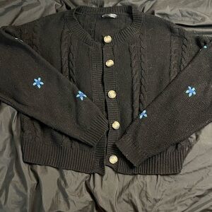 Black Cardigan with Blue Floral Details